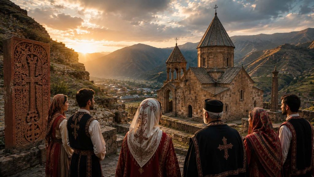 تصویری از قوم ارمنی با لباس‌های سنتی در کنار کلیساهای تاریخی و کوه آرارات.