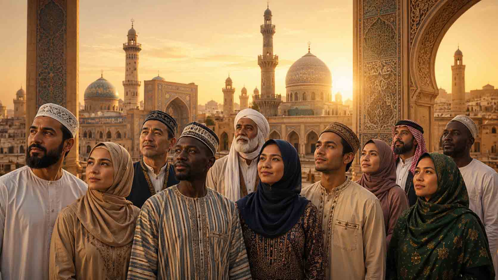 تصویری از مسلمانان با فرهنگها و پوششهای مختلف در فضایی الهامگرفته از معماری اسلامی.