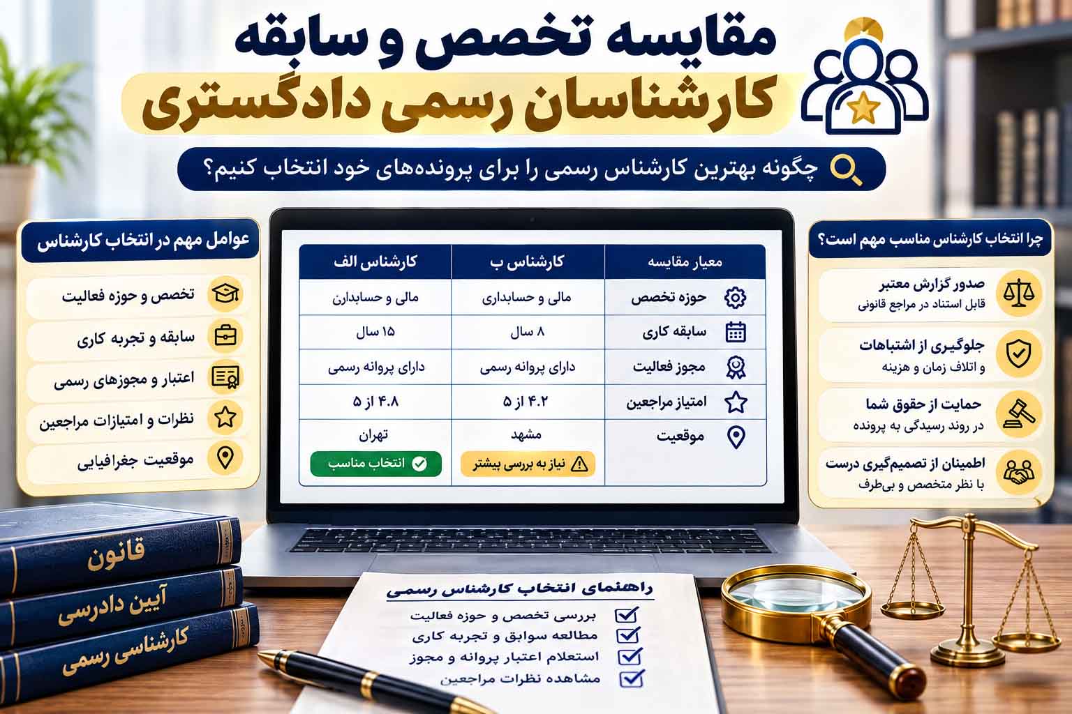 مقایسه تخصص و سابقه کارشناسان رسمی دادگستری