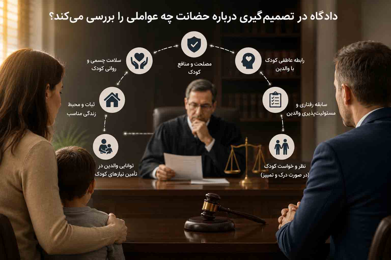 دادگاه در تصمیم‌گیری درباره حضانت چه عواملی را بررسی می‌کند؟