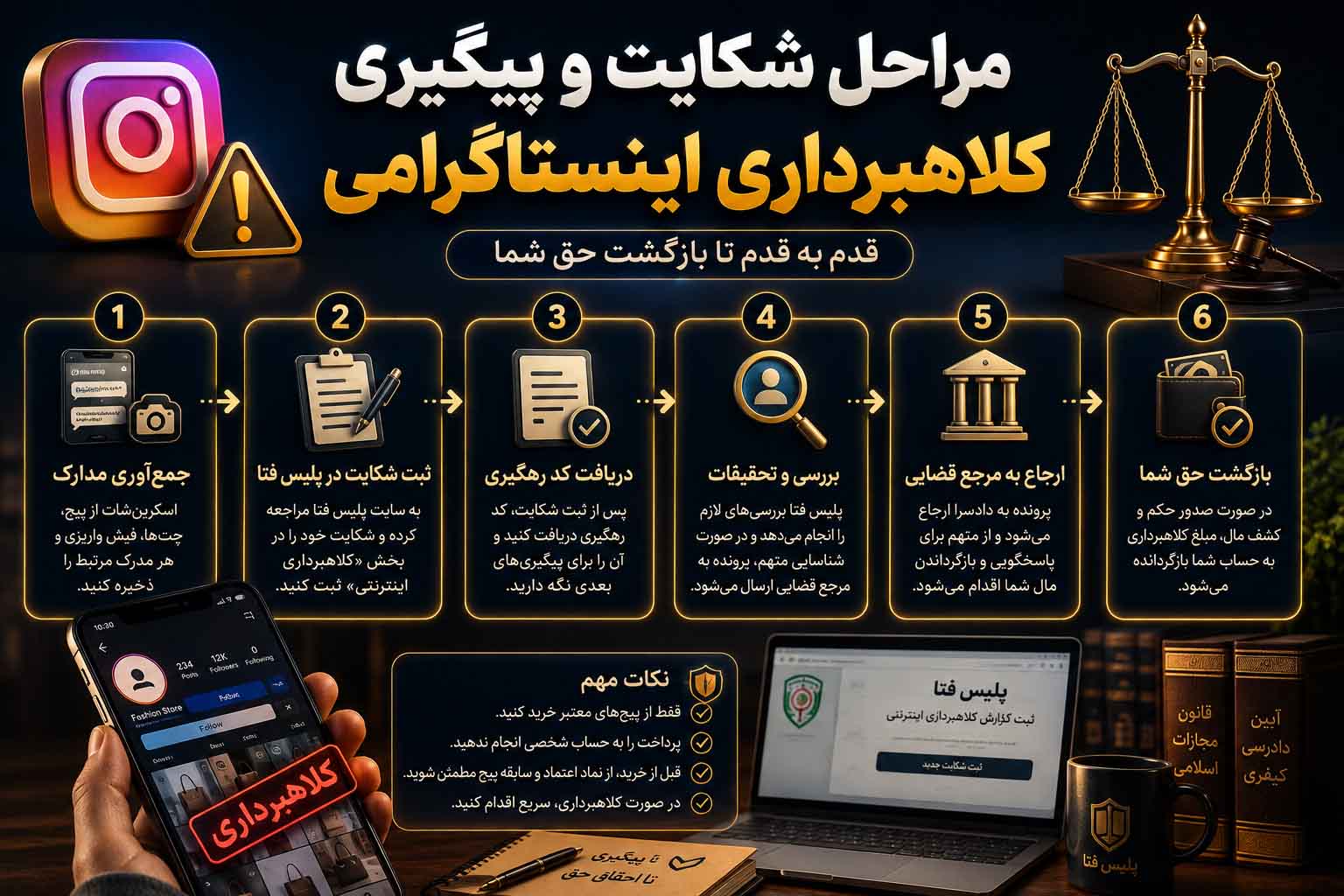 مراحل شکایت و پیگیری کلاهبرداری اینستاگرامی